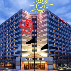 modified image of the Sheraton hotel that was taken over and used as shelter in Minneapolis