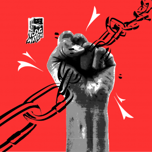 IDOC Watch logo, a fist raising up and crushing a chain over a red background