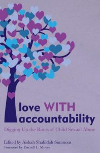 Book cover of "love WITH accountability", purple color, a tree with leaves appearing as blue, pink and purple flowers
