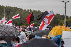 Protest flags in Minsk on September 27, 2020 including black and black & red flags