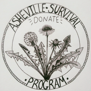 "Asheville Survival Program" in a circle, around dandelions and the word "donate"