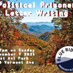 "Political Prisoner Letter Writing" flyer from BRABC with details over an autumnal Appalachian landscape