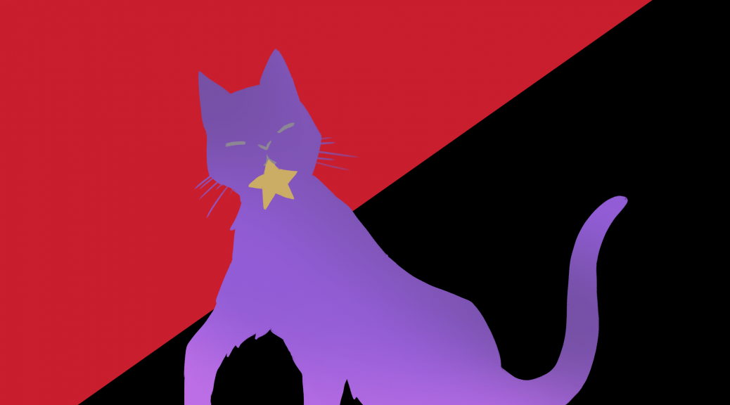 a red & black flag background, purple cat holding a