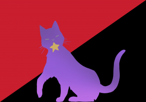 Black & Red Flag background, purple cat in foreground holding a star in its mouth like a mouse