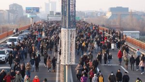 Crowds block a bridge in Belgrade, Serbia during the December 2021 Ecological Uprising