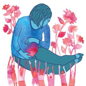 A pregnant person in blue with a red womb, held up by red tinted small people, red tinted flowers growing behid them (by Marne Grahlman)
