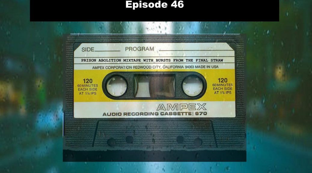 A mixtape audio cassette over a rainy city street background, featuring text "Time Talks, Episode 46: Prison Aboliton Mixtape Feat Bursts of TFSR"