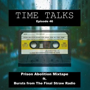 A mixtape audio cassette over a rainy city street background, featuring text "Time Talks, Episode 46: Prison Aboliton Mixtape Feat Bursts of TFSR"