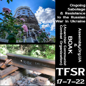 Lower left: train rail sabotaged and tagged with BOAK's telegram channel; Upper left: mirrored business building on a sunny day in Kharkiv damaged by bombing viewed from the bottom up with pink flowers growing; "Ongoing Sabotage and Resistance to the Russian War in Ukraine | Assembly.Org.UA & BOAK (Anarchist Communist Combat Organization) | TFSR 17-7-22"