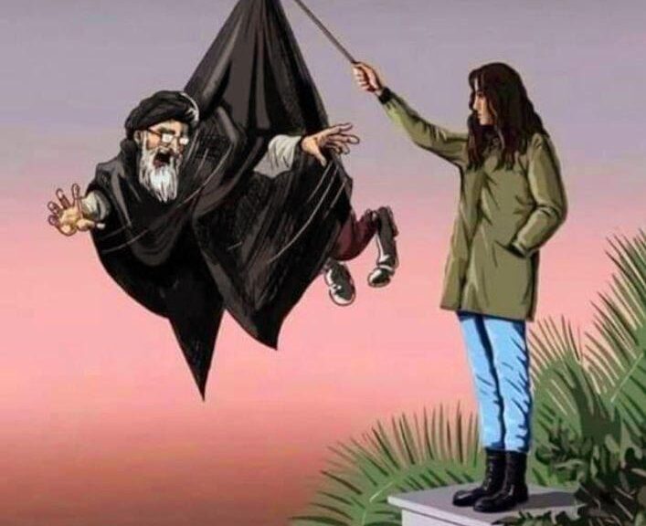 cartoon of a woman without hijab holding a mullah over a cliff by his robe via a stick