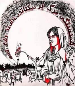 Image from @loozanar on Instagram, Drawing in black and red of Persian words swirling around Zhina watching over a crowd of people in the streets and a youth holding a giant, burning dandelion