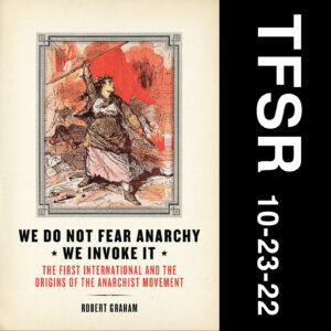 book cover of "We Do Not Fear Anarchy, We Invoke It!" featuring a woman holding a torch and red flag in what appears to be a scene of chaos