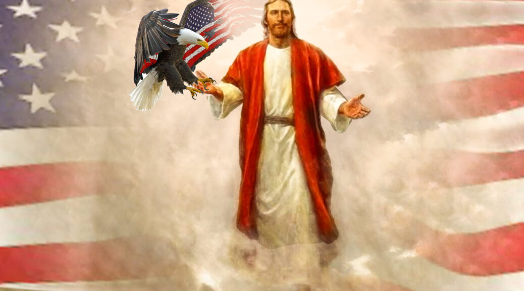 Jesus in front of a US flag and an eagle sitting on his hand