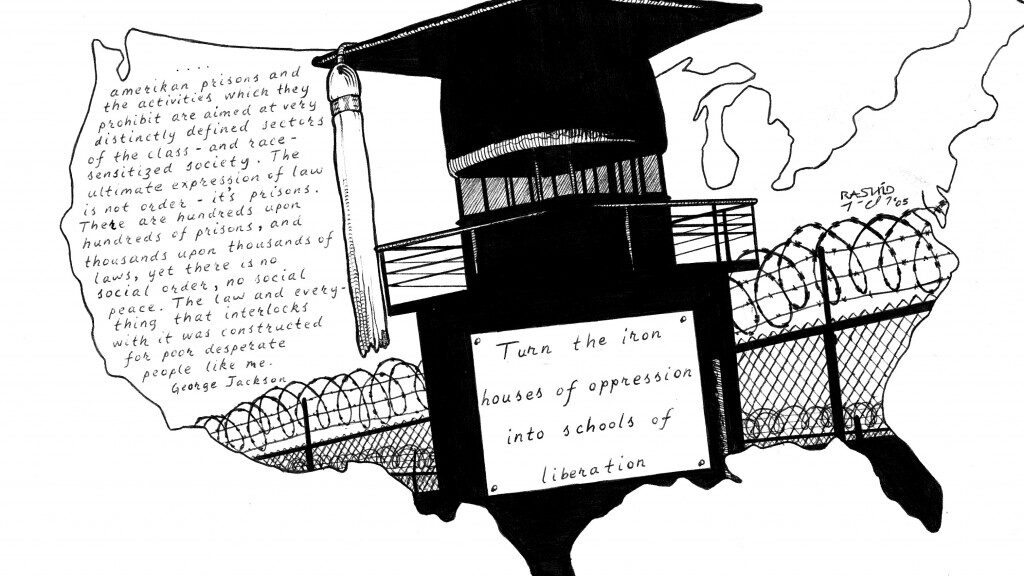 a quote from George Jackson about turning the US prisons into schools of liberation showing the outline of the continental USA, razor wire and a guard tower topped with a graduation cap