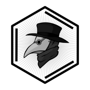 black and white logo of "Four Thieves Vinegar Collective", a hexagram with points up & down, a side view of a character in a plague mask and brimmed hat and a black bar just inside the every other wall of the hexagon