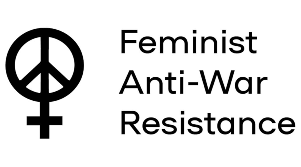 Black and white "Feminist Anti-War Resistance" with Venus symbol with peace sign in the circle