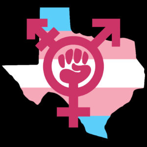 black background, trans flag in the shape of the US state of Texas overlaid with a purple feminist symbol with a fist in the middle