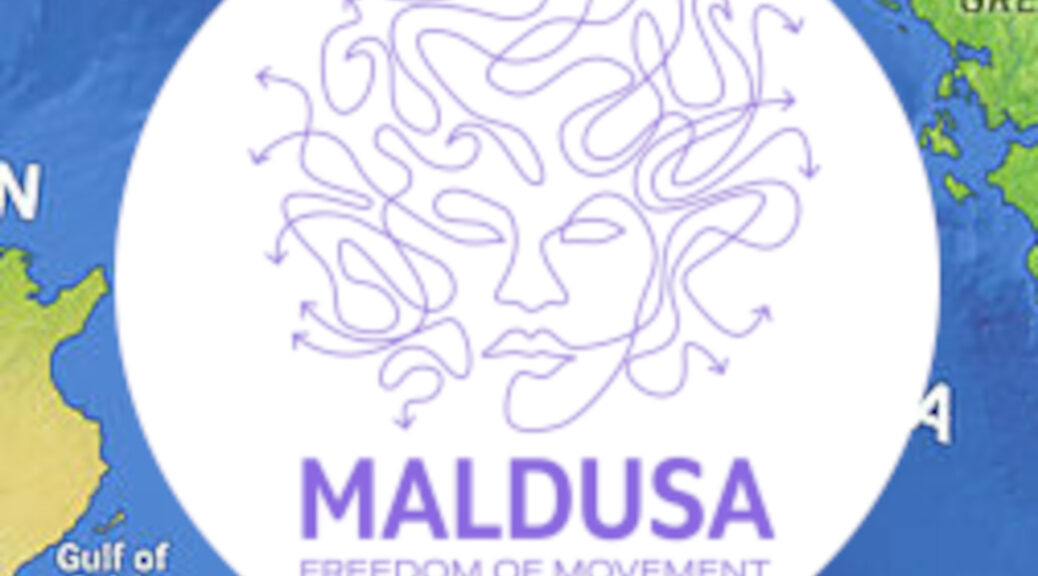 logo of "Maldusa Freedom of Movement" featuring a line drawing of Medusa with arrows at the end of the snakes showing movement in many directions, overlayed on a map of the Mediterranean Sea