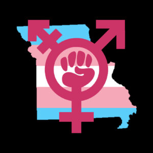 Missouri state borders in Trans Flag colors with trans resistance logo in purple all over black background