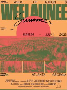 Poster advertising week of action based on the style of the movie poster for Endless Summer featuring a setting sun and polarized pictures of the forest from above and within “DEFEND THE FOREST Week OF ACTION 6 WEELAUNEE Summer "IT'S UP TO US TO DEFEND OUR FUTURE" -KATHLEEN HANNAH JUNE 24 - JULY 1 2023 SUMMER P BREAK COP CITY, ATLANTA A PEOPLE'S POWER Production In association with NO COP CITY The WEEK OF ACTION 6 GEORGIA Week STAY FOR THE SUMMER City is THE FOREST Justice for TORTUGUITA WILL NEVER BE BUILT Go to hell RYAN MILLSAP STOPCOPCITYSOLIDARITY.ORG DEFENDTHEATLANTAFOREST.ORG”