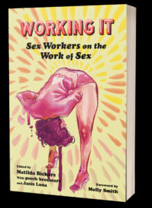 photo of the book, primarily the cover of "Working It: Sex Workers on the Work of Sex" featuring a drawing of a fem person in heels bending over, looking back between their legs and away from the viewer