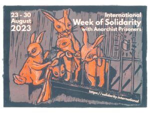 poster for the International week of solidarity with anarchist prisoners featuring bunnies helping each other escape a cage