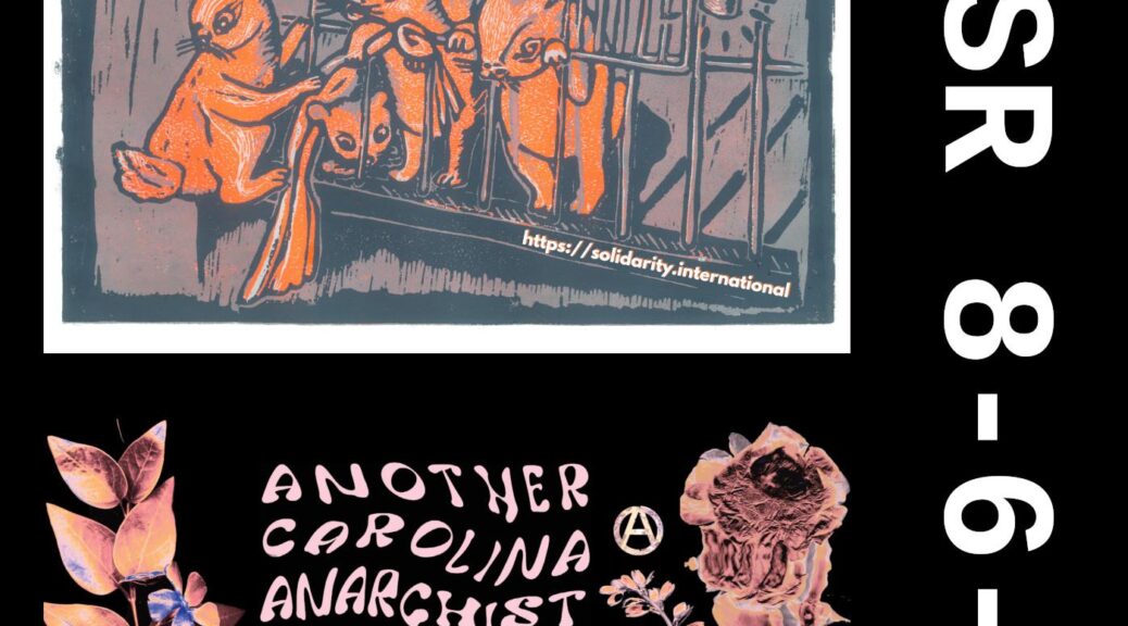 poster for the International week of solidarity with anarchist prisoners featuring bunnies helping each other escape a cage, also a graphic with flowers for the Another Carolina Anarchist Bookfair + "TFSR 8-6-23"