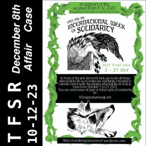 Green, black and white poster about the case featuring a fox crawling through a hole at the top and appearing at the bottom, as if chasing it's tale + the words "TFSR 10-12-23 | December 8th Affair Case"