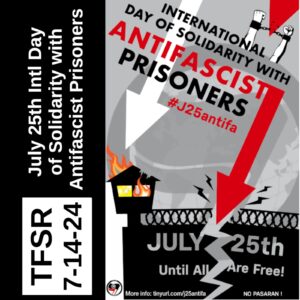 Flyer featuring "International Day of Solidarity with Antifascist Prisoners" featuring downward arrows cracking prison walls from the sky