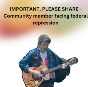 image of Cyprus playing guitar with the text "Important, Please Share: Community member facing federal grand jury