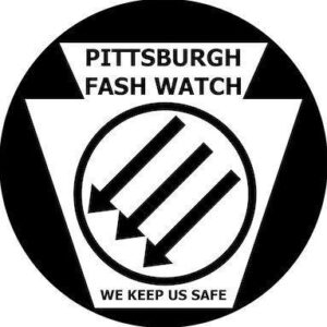 the logo for Pittsburgh Fash Watch featuring the keystone shape of PA plus the three Iron Front arrows in a circle and "We Keep Us Safe"