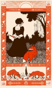 a Bonzo drawing featuring mushrooms in the border and Sante Caserio's dagger, a main panel with a femme figure in a grassy field facing away from the viewer, with a dagger behind their back and looking toward a castle with a fox by their side, and a lower panel with two foxes sniffing around a human skull with a planted black flag in the background, top border featuring a rising sun line drawing