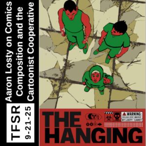 Book cover of "The Hanging" showing two adults looking confused and one child looking up toward the viewer