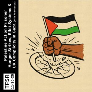 "TFSR 11-30-25 | Palestine Action Prisoner Hunger Strikes, Elbit Systems and UK Complicity In Gaza (with Francesca)" featuring a picture of a hand slamming a Palestinian flag down, smashing a plate with the base of the flag pole